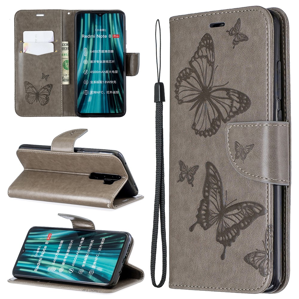 Imprint Butterfly Stand Leather Wallet Casing for Xiaomi Redmi Note 8 Pro - Grey-1