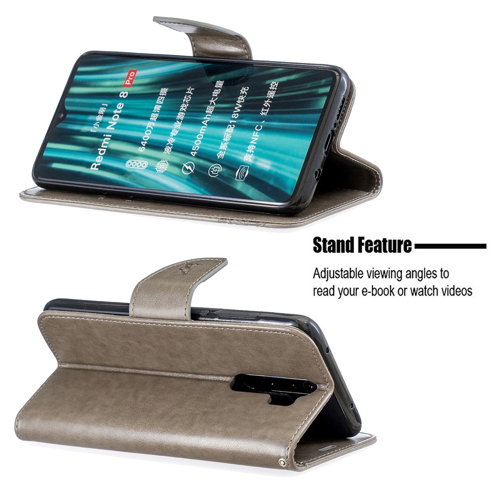 Imprint Butterfly Stand Leather Wallet Casing for Xiaomi Redmi Note 8 Pro - Grey-5