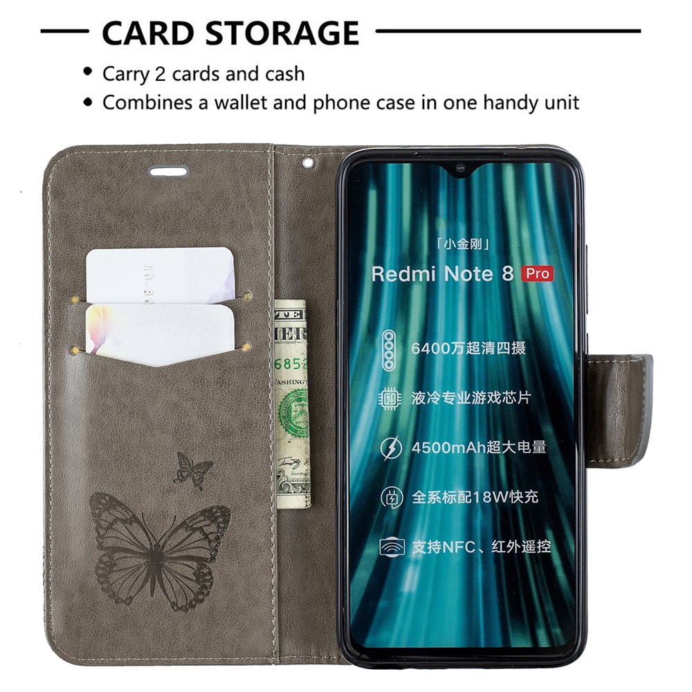 Imprint Butterfly Stand Leather Wallet Casing for Xiaomi Redmi Note 8 Pro - Grey-6