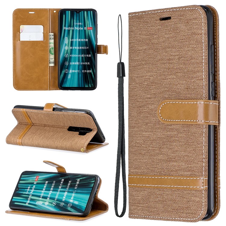 Assorted Color Jeans Cloth Leather Wallet Case for Xiaomi Redmi Note 8 Pro - Khaki-1