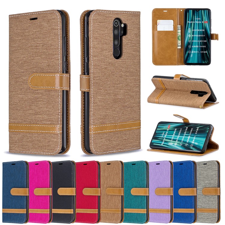 Assorted Color Jeans Cloth Leather Wallet Case for Xiaomi Redmi Note 8 Pro - Khaki-9