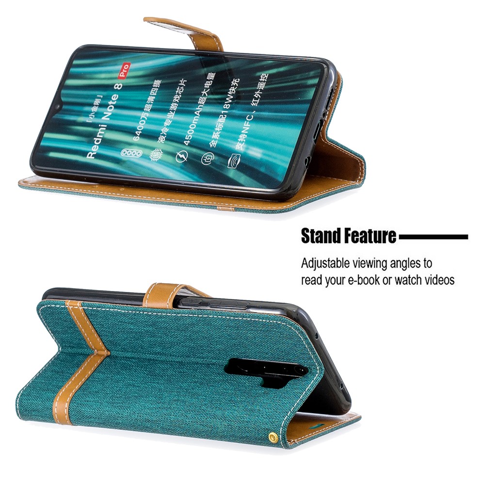 Assorted Color Jeans Cloth Leather Wallet Case for Xiaomi Redmi Note 8 Pro - Green-5