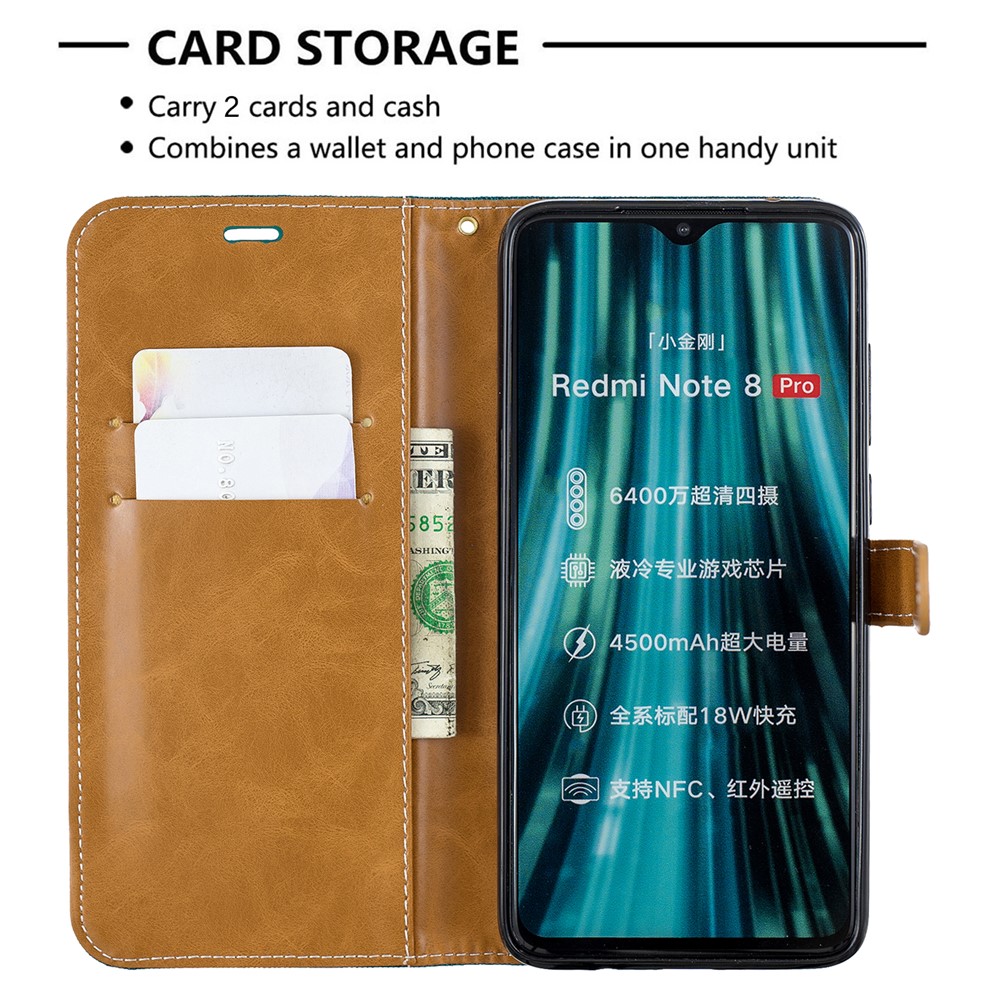 Assorted Color Jeans Cloth Leather Wallet Case for Xiaomi Redmi Note 8 Pro - Green-6