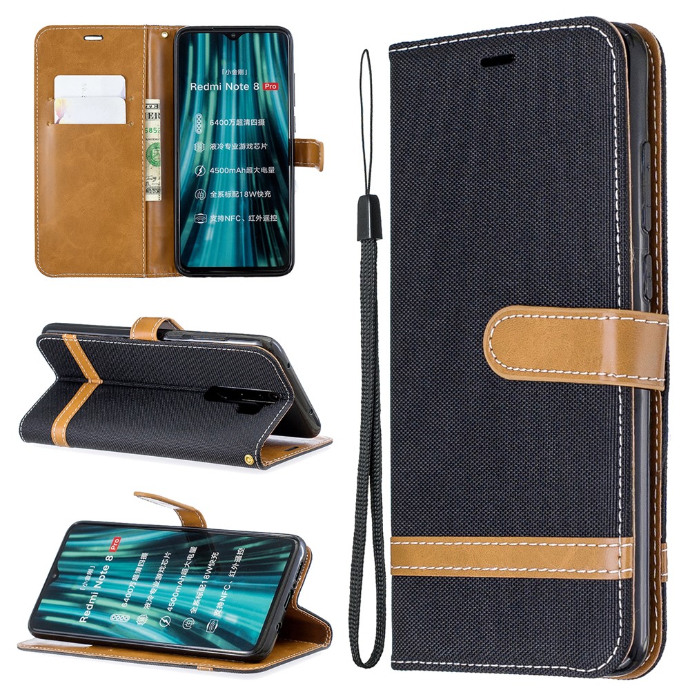 Assorted Color Jeans Cloth Leather Wallet Case for Xiaomi Redmi Note 8 Pro - Black-1
