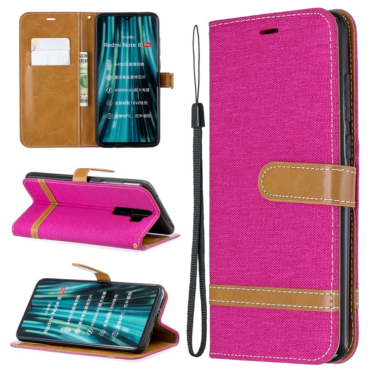 Assorted Color Jeans Cloth Leather Wallet Case for Xiaomi Redmi Note 8 Pro - Rose-1