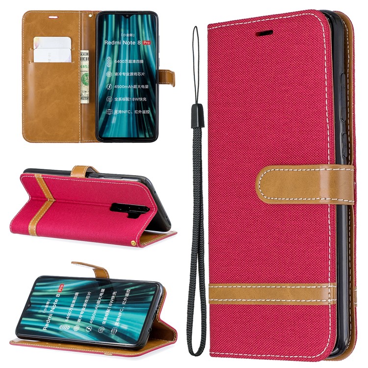 Assorted Color Jeans Cloth Leather Wallet Case for Xiaomi Redmi Note 8 Pro - Red-1