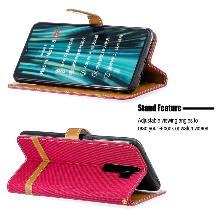 Assorted Color Jeans Cloth Leather Wallet Case for Xiaomi Redmi Note 8 Pro - Red-5