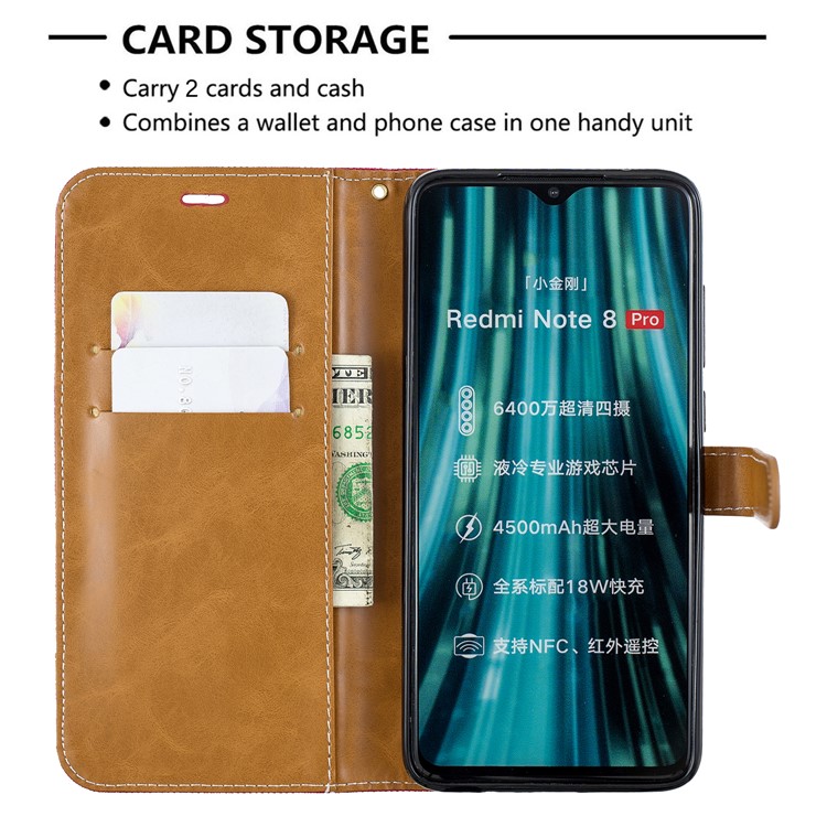 Assorted Color Jeans Cloth Leather Wallet Case for Xiaomi Redmi Note 8 Pro - Red-6