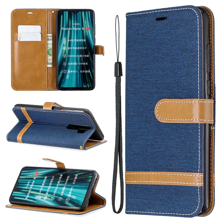 Assorted Color Jeans Cloth Leather Wallet Case for Xiaomi Redmi Note 8 Pro - Dark Blue-1