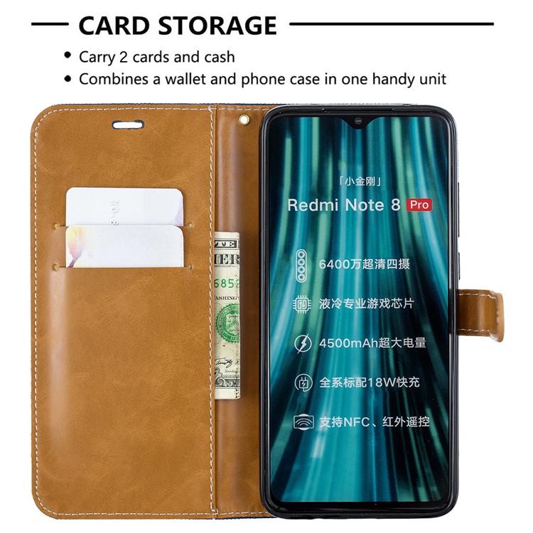 Assorted Color Jeans Cloth Leather Wallet Case for Xiaomi Redmi Note 8 Pro - Dark Blue-6