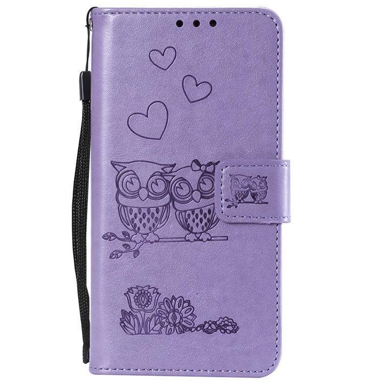 Imprinted Flower Owl Leather Wallet Case for Xiaomi Redmi Note 8 Pro - Purple-1