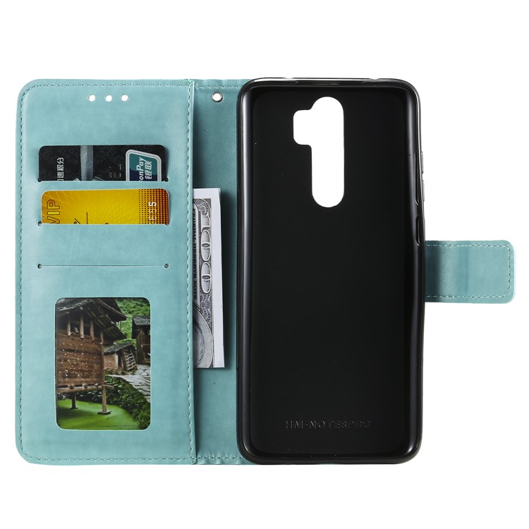 Imprinted Flower Owl Leather Wallet Case for Xiaomi Redmi Note 8 Pro - Cyan-3