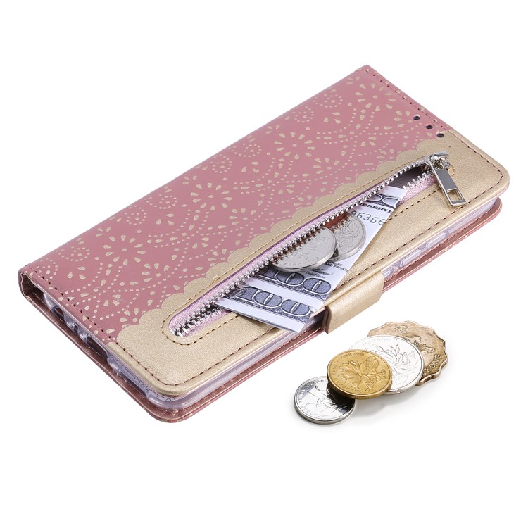 Lace Flower Pattern Zipper Pocket Leather Wallet Case for Xiaomi Redmi Note 8 - Pink-5