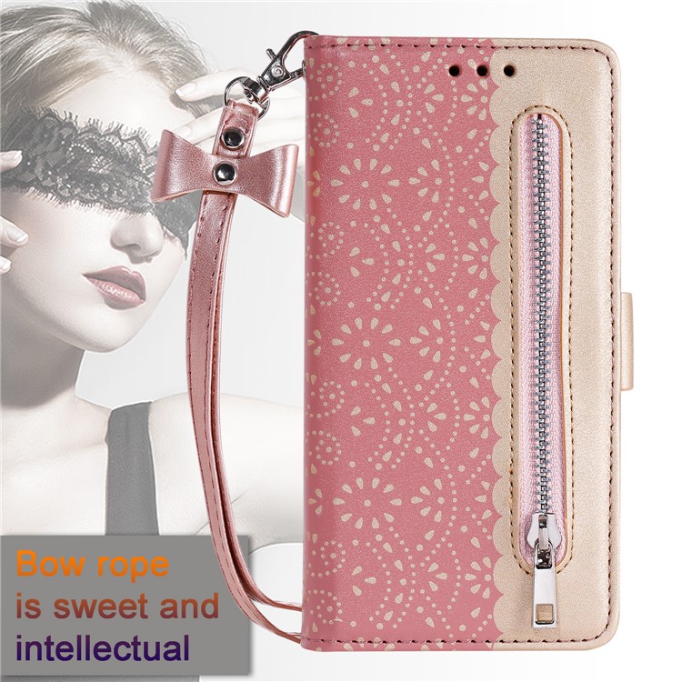 Lace Flower Pattern Zipper Pocket Leather Wallet Case for Xiaomi Redmi Note 8 - Pink-6