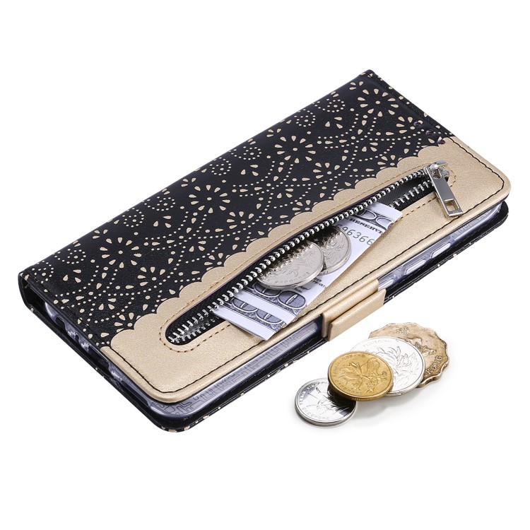 Lace Flower Pattern Zipper Pocket Leather Wallet Case for Xiaomi Redmi Note 8 - Black-11