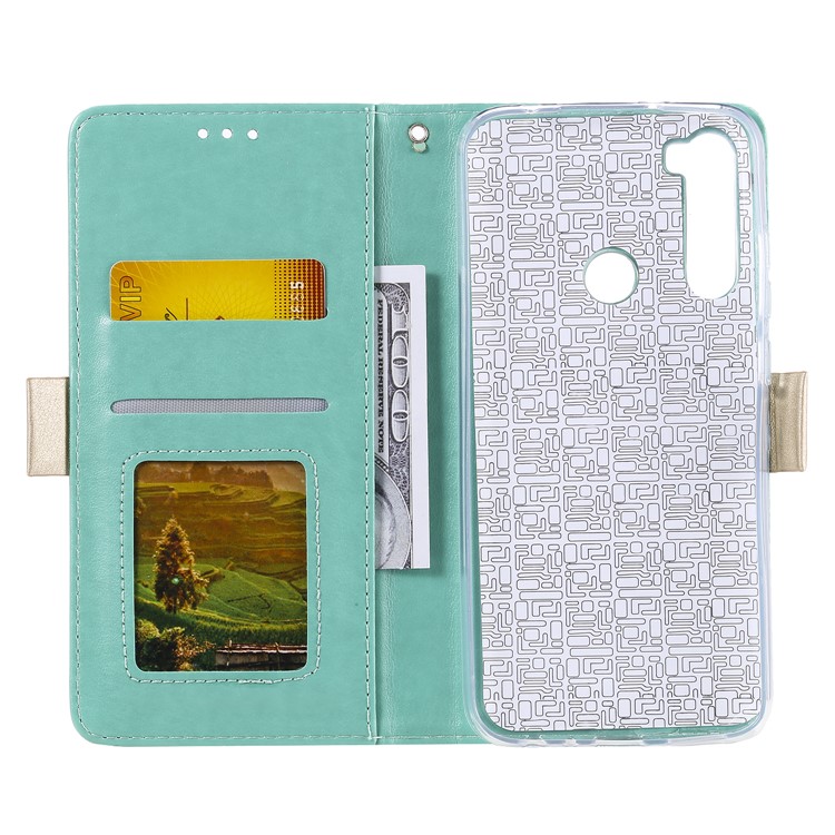 Lace Flower Pattern Zipper Pocket Leather Wallet Case for Xiaomi Redmi Note 8 - Cyan-3