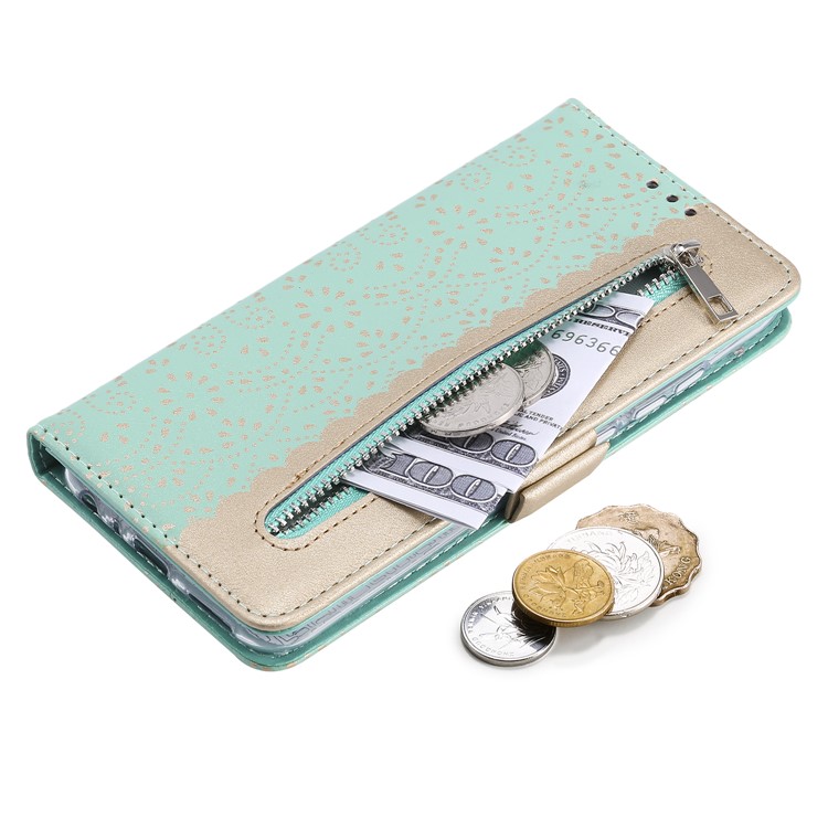 Lace Flower Pattern Zipper Pocket Leather Wallet Case for Xiaomi Redmi Note 8 - Cyan-5