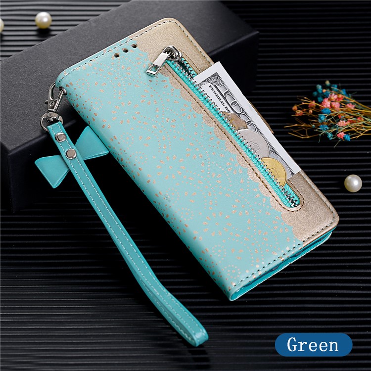 Lace Flower Pattern Zipper Pocket Leather Wallet Case for Xiaomi Redmi Note 8 - Cyan-6