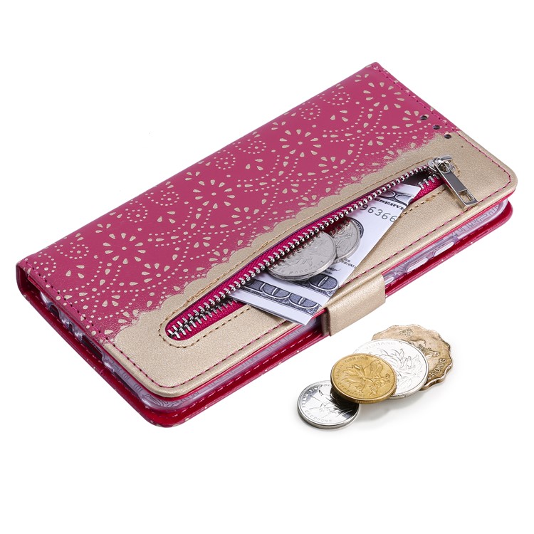 Lace Flower Pattern Zipper Pocket Leather Wallet Case for Xiaomi Redmi Note 8 - Rose-5