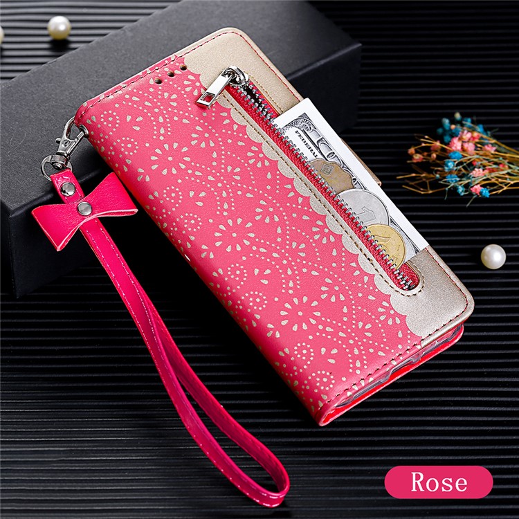 Lace Flower Pattern Zipper Pocket Leather Wallet Case for Xiaomi Redmi Note 8 - Rose-6