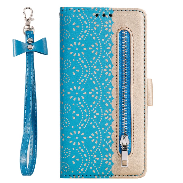Lace Flower Pattern Zipper Pocket Leather Wallet Case for Xiaomi Redmi Note 8 - Blue-1