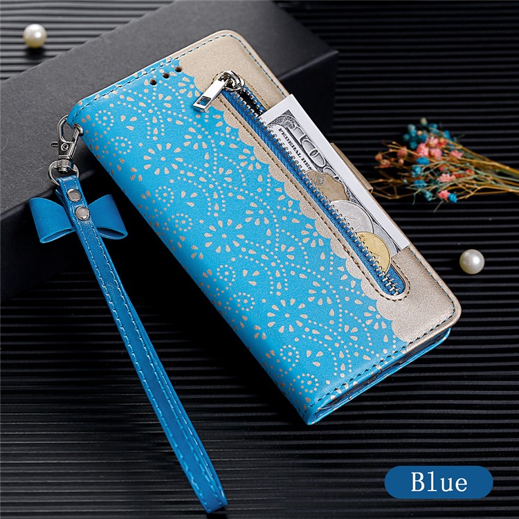 Lace Flower Pattern Zipper Pocket Leather Wallet Case for Xiaomi Redmi Note 8 - Blue-6