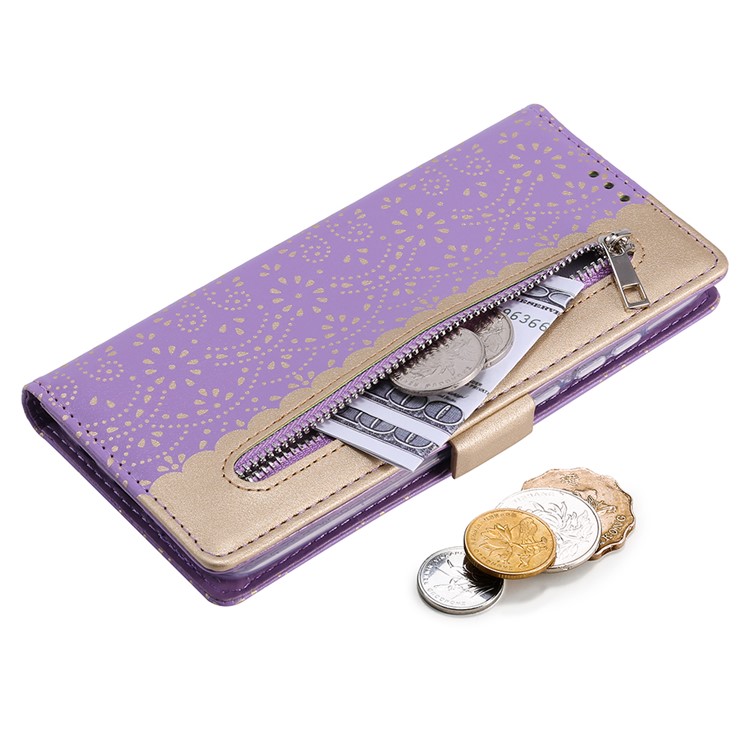 Lace Flower Pattern Zipper Pocket Wallet Leather Stand Case for Xiaomi Redmi Note 8 Pro - Purple-5