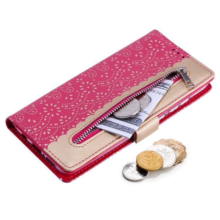 Lace Flower Pattern Zipper Pocket Wallet Leather Stand Case for Xiaomi Redmi Note 8 Pro - Rose-5