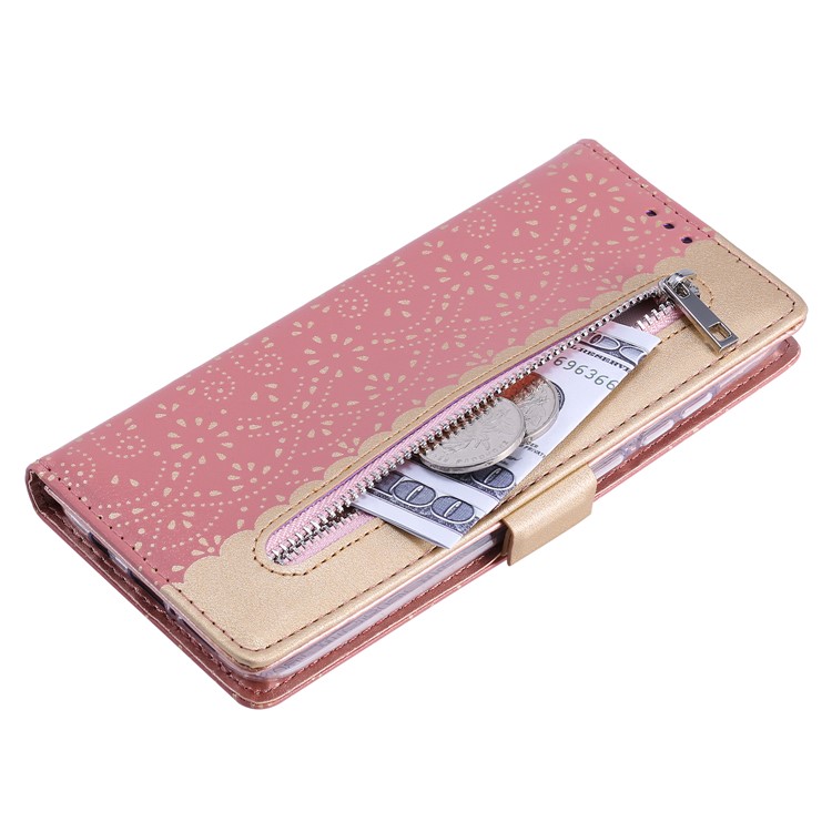 Lace Flower Pattern Zipper Pocket Wallet Leather Stand Case for Xiaomi Redmi Note 8 Pro - Pink-5