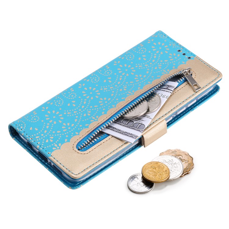 Lace Flower Pattern Zipper Pocket Wallet Leather Stand Case for Xiaomi Redmi Note 8 Pro - Blue-5