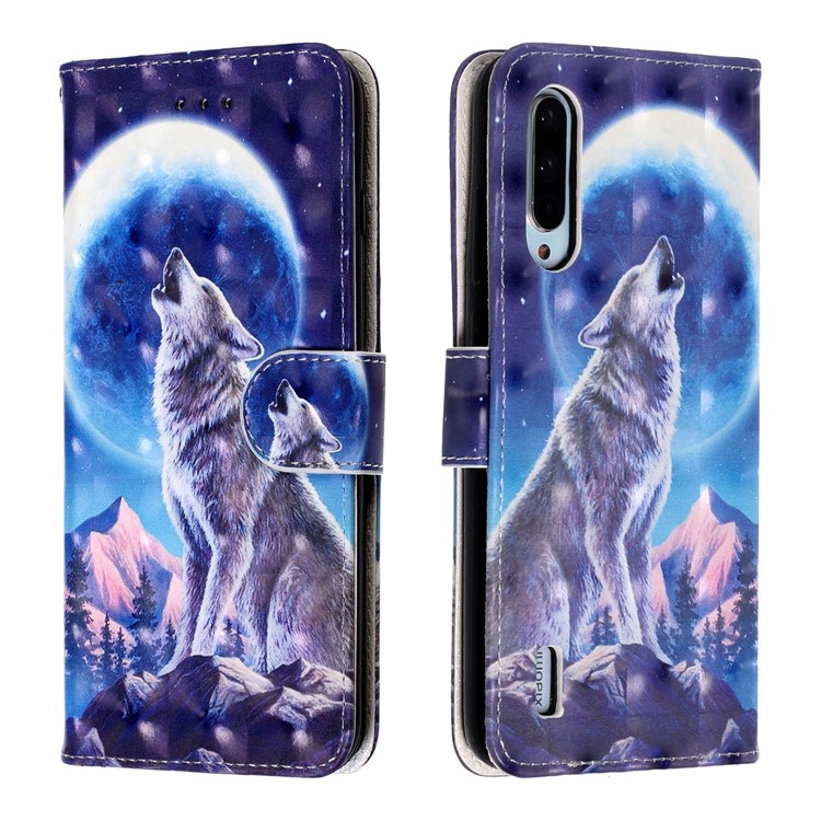 Light Spot Decor Pattern Printing Wallet Flip Leather Case with Strap for Xiaomi Mi CC9e/Mi A3 - Moon and Wolf-1