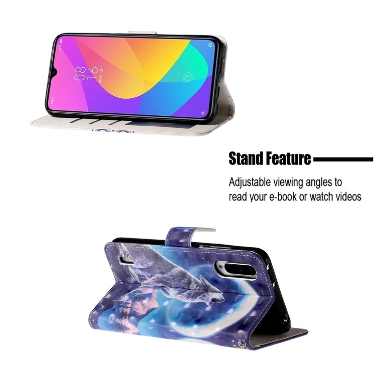 Light Spot Decor Pattern Printing Wallet Flip Leather Case with Strap for Xiaomi Mi CC9e/Mi A3 - Moon and Wolf-6