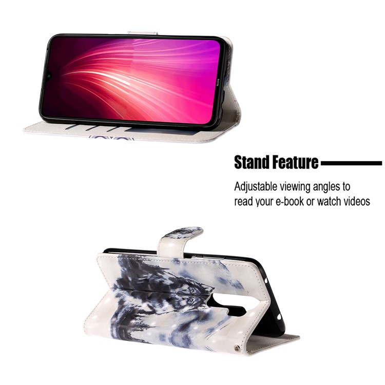 Light Spot Decor Pattern Printing Wallet Leather Phone Cover with Strap for Xiaomi Redmi Note 8 Pro - Wolf-6