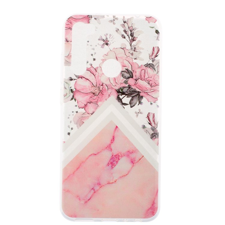 Embossed Rubberized TPU Phone Case for Xiaomi Redmi Note 8 - Pink Flower and Marble Pattern-1