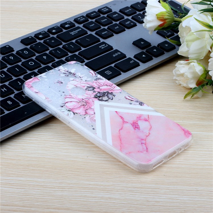 Embossed Rubberized TPU Phone Case for Xiaomi Redmi Note 8 - Pink Flower and Marble Pattern-5