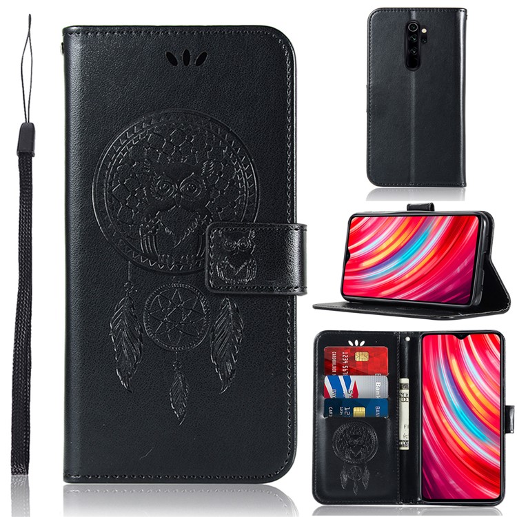 Imprinted Unique Dream Catcher Owl Leather Wallet Case for Xiaomi Redmi Note 8 Pro - Black-1