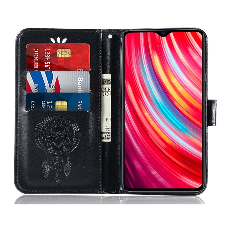 Imprinted Unique Dream Catcher Owl Leather Wallet Case for Xiaomi Redmi Note 8 Pro - Black-5