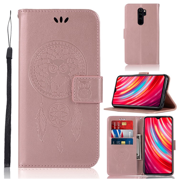 Imprinted Unique Dream Catcher Owl Leather Wallet Case for Xiaomi Redmi Note 8 Pro - Rose Gold-1