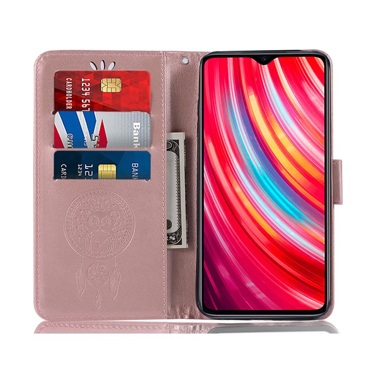 Imprinted Unique Dream Catcher Owl Leather Wallet Case for Xiaomi Redmi Note 8 Pro - Rose Gold-4