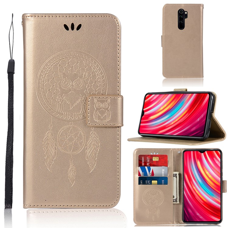 Imprinted Unique Dream Catcher Owl Leather Wallet Case for Xiaomi Redmi Note 8 Pro - Gold-1