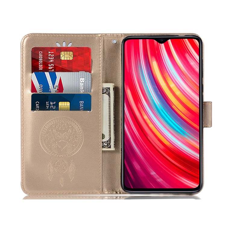 Imprinted Unique Dream Catcher Owl Leather Wallet Case for Xiaomi Redmi Note 8 Pro - Gold-5