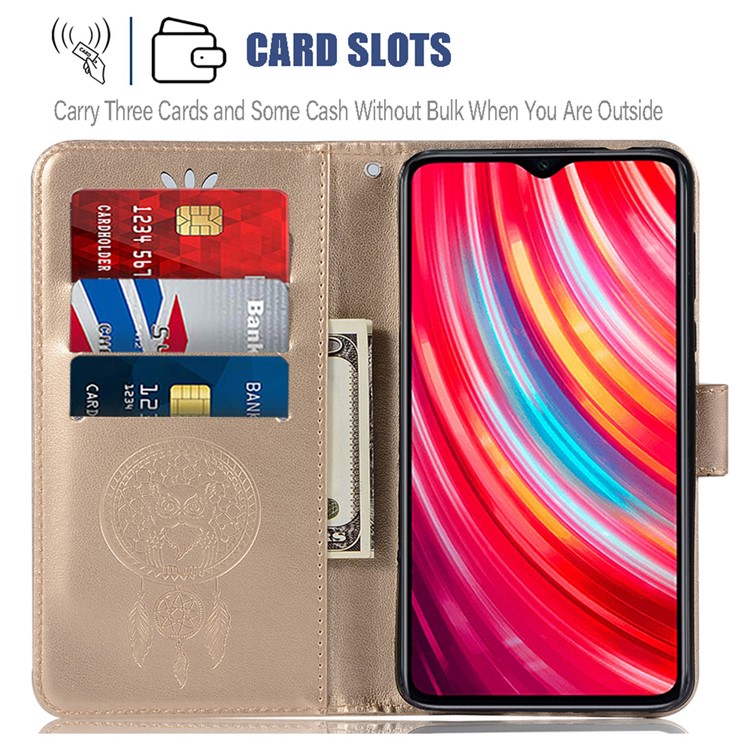 Imprinted Unique Dream Catcher Owl Leather Wallet Case for Xiaomi Redmi Note 8 Pro - Gold-6