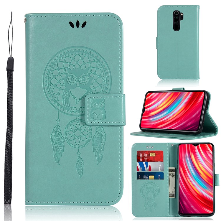 Imprinted Unique Dream Catcher Owl Leather Wallet Case for Xiaomi Redmi Note 8 Pro - Green-1