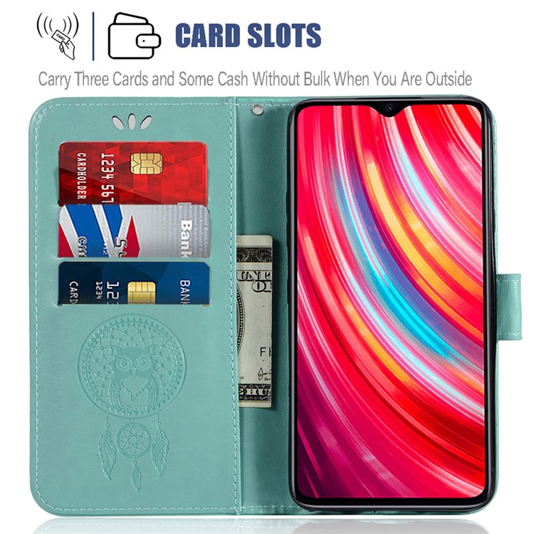 Imprinted Unique Dream Catcher Owl Leather Wallet Case for Xiaomi Redmi Note 8 Pro - Green-7