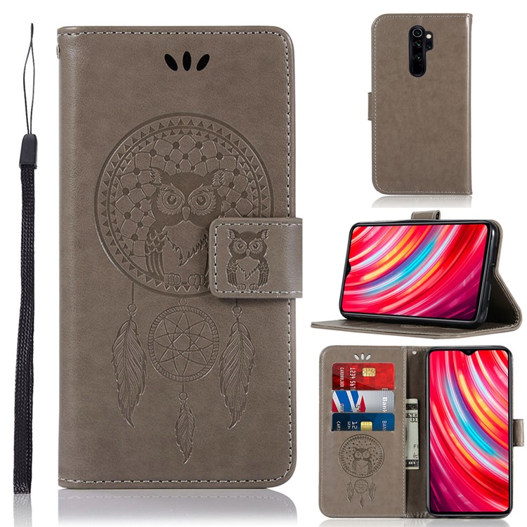 Imprinted Unique Dream Catcher Owl Leather Wallet Case for Xiaomi Redmi Note 8 Pro - Grey-1