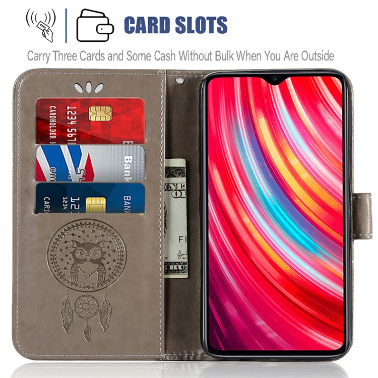 Imprinted Unique Dream Catcher Owl Leather Wallet Case for Xiaomi Redmi Note 8 Pro - Grey-4