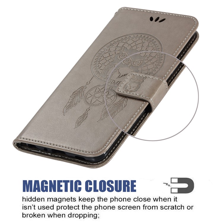 Imprinted Unique Dream Catcher Owl Leather Wallet Case for Xiaomi Redmi Note 8 Pro - Grey-5