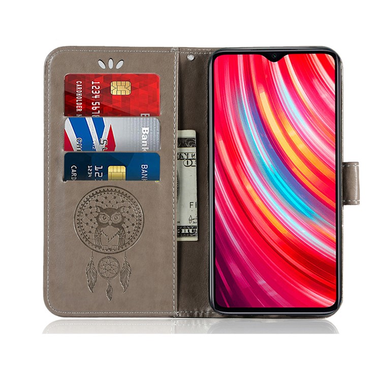 Imprinted Unique Dream Catcher Owl Leather Wallet Case for Xiaomi Redmi Note 8 Pro - Grey-7