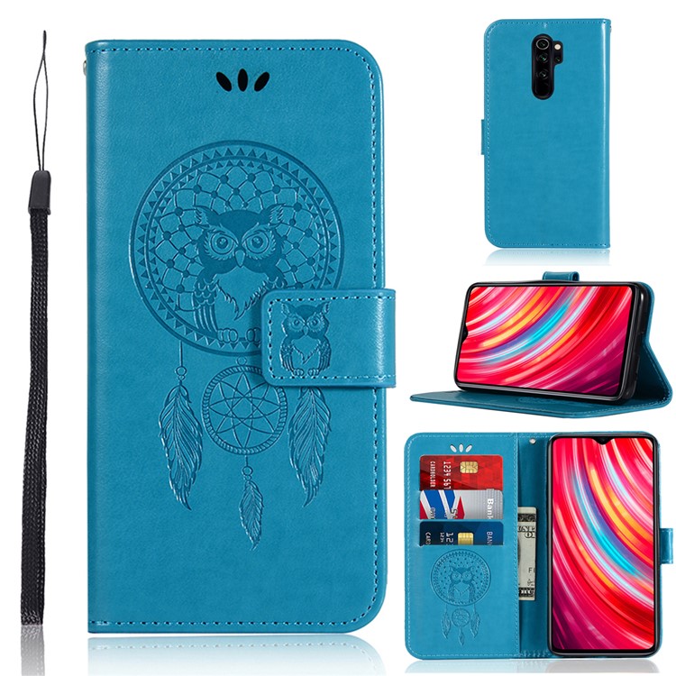 Imprinted Unique Dream Catcher Owl Leather Wallet Case for Xiaomi Redmi Note 8 Pro - Blue-1