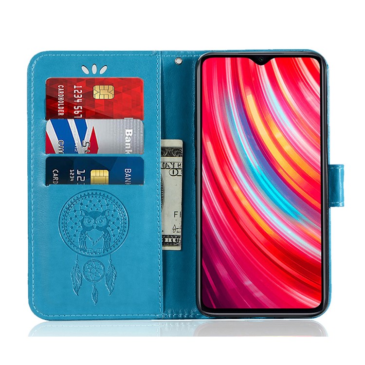 Imprinted Unique Dream Catcher Owl Leather Wallet Case for Xiaomi Redmi Note 8 Pro - Blue-4